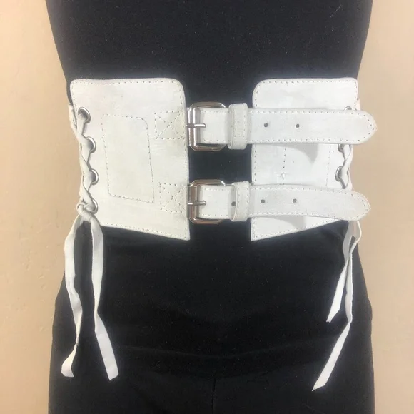 Artisan Corset Belt in White Suede Leather - Handmade in  display picture 2